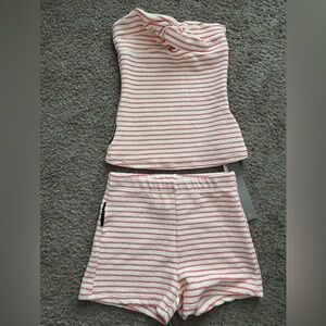 Striped Pink & White Knit Bandeau Top and Shorts Set